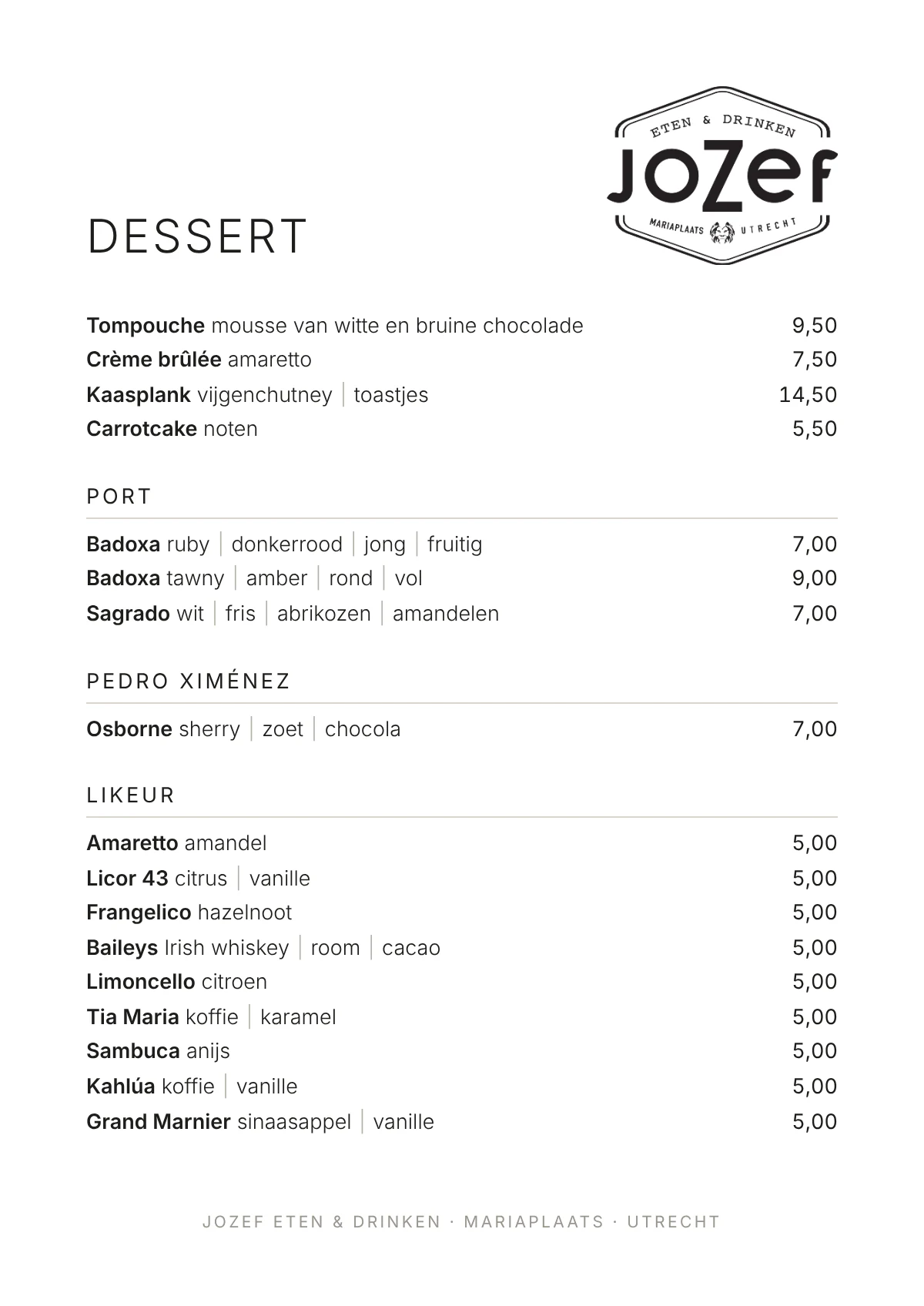 Dessertkaart Jozef Eten & Drinken, pagina 1