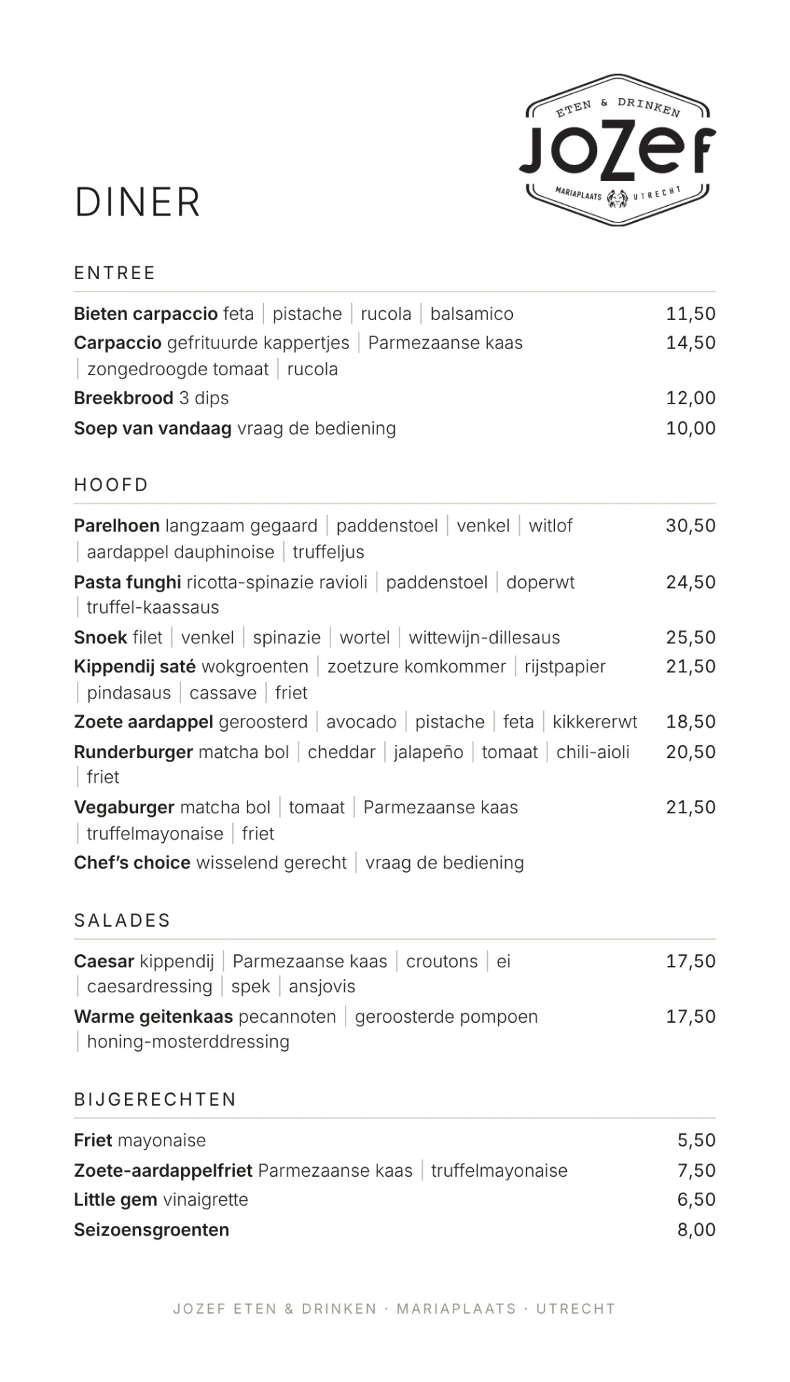 Dinerkaart Jozef Eten & Drinken, pagina 1